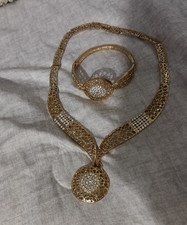Gold Tone Gold Plated Round White Crystal Necklace Bracelet Jewelry Set