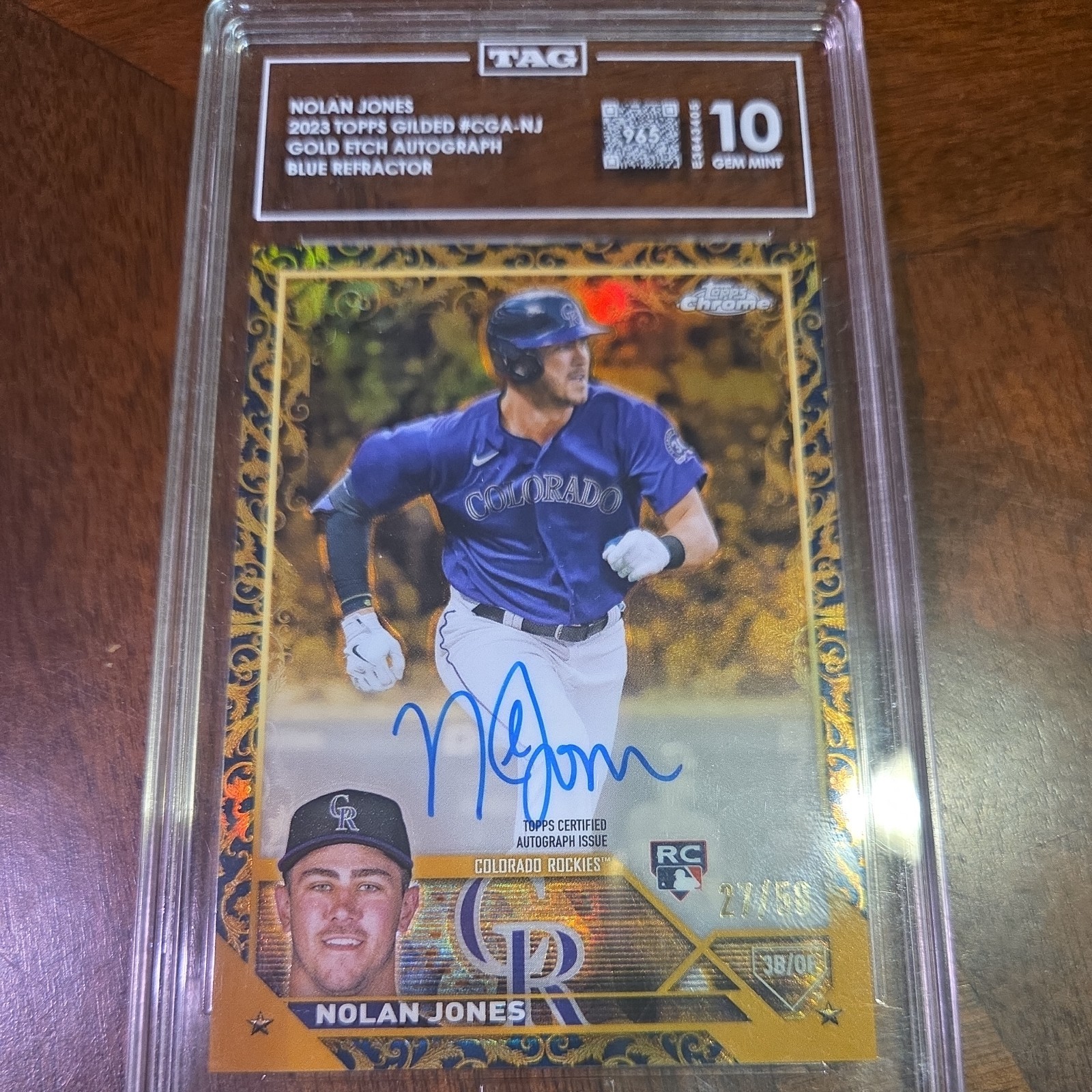 2023 Nolan Jones Topps Chrome Gilded Gold Etch Auto Blue /50 #CGANJ TAG 10