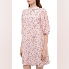 Ganni Floral Georgette Mini Egret High Neck Puff Sleeve Dress Size Medium