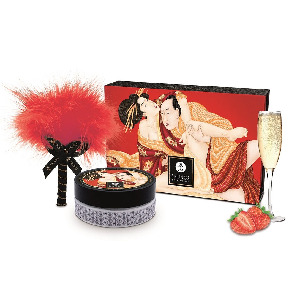 Coffret poudre corporelle fraise idée cadeau anniversaire et Saint Valentin avec plumeau