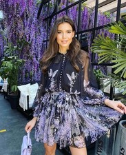 Zimmermann Botanica Lantern Mini Dress black lavender tea floral print Au 12 US8