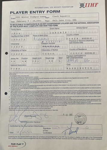 Jaromir Jagr Signed 2002 Olympics IIHF Player Entry Form - Ice Hockey - USA