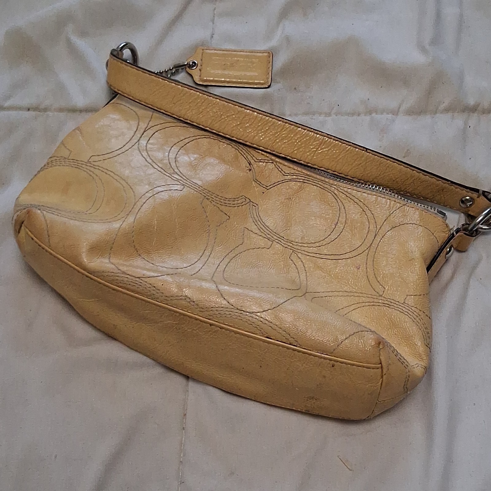 Coach Yellow Shoulder Bag Logo Pattern Silver Hardware Zip Closure Rectangle