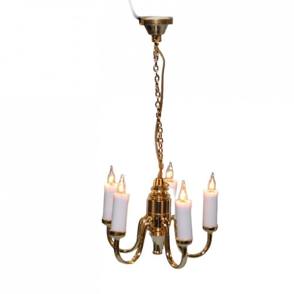 Dolls House Gold 5 Arm Candle Chandelier Brass 12V Electric Ceiling Light