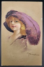 Artist Signed R. Franzoni ART DECO Glamour Woman Feather Headpiece Postcard 1916