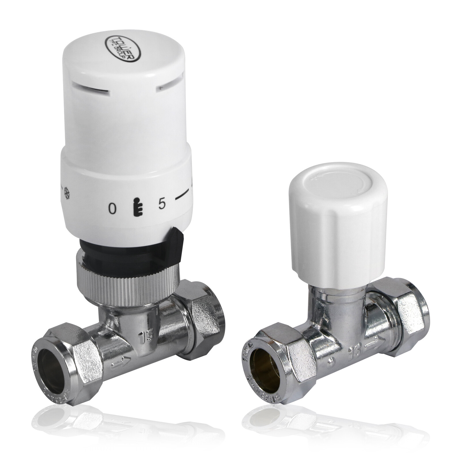 TRV Thermostatic Radiator Valve White Straight Lockshield Head TOWER 10-15mm