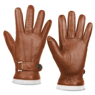 Men Winter Leather Gloves,Genuine Leather Warm Cashmere Lined Medium Camel 