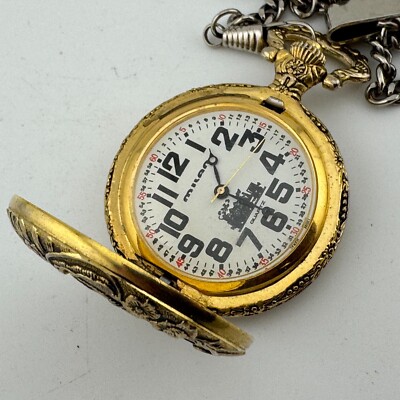 VTG Milan Pocket Quartz Watch Gold Tone Half Hunter Railroad