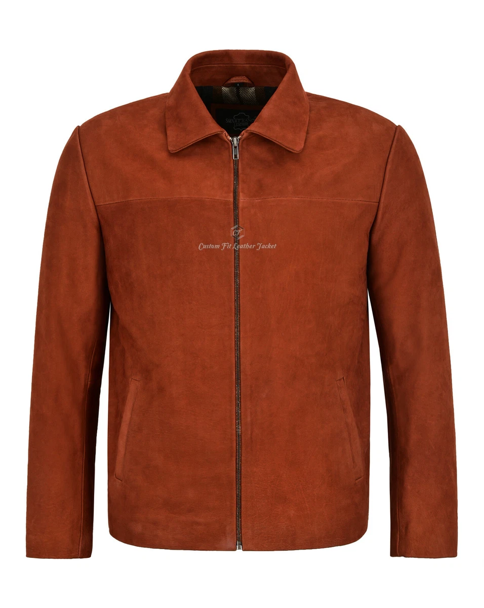 Mens Classic Collared Leather Jacket Chestnut Real Nubuck Leather Jacket 1152