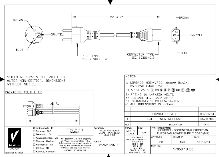 VOLEX 17850 10 C3  AC Power Cords 3 x 1.0mm2 10A/250V 6FT 5IN (2.0m) (BOX W/ 50) - Image 2 of 3