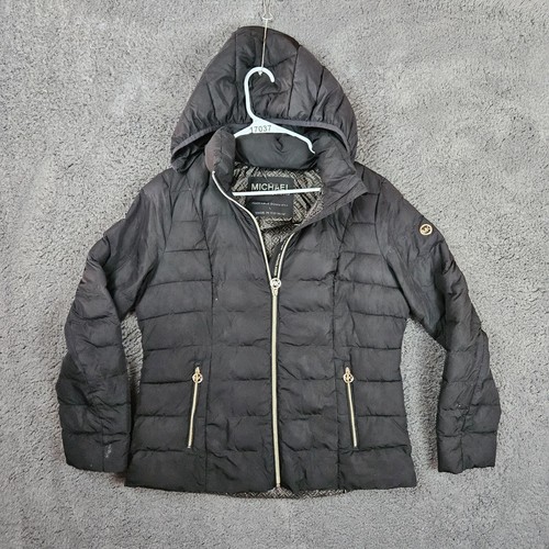 Michael Kors schwarze Daunenjacke mit durchgehendem Reißverschluss und Kapuze verstaubar Damengröße L