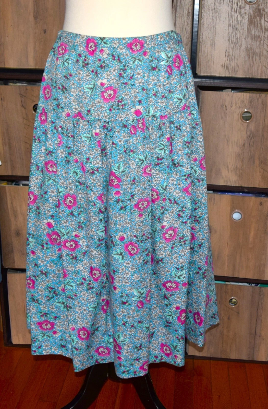 Vtg 90 Cricket Lane Blue Peasant Skirt Women Floral Midi Elastic Waist L Cotton