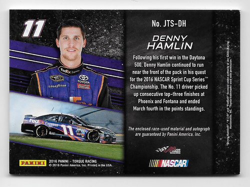Denny Hamlin NASCAR 2016 Panini Torque neumático pieza automático/25 piezas traje autógrafo - Imagen 2 de 2