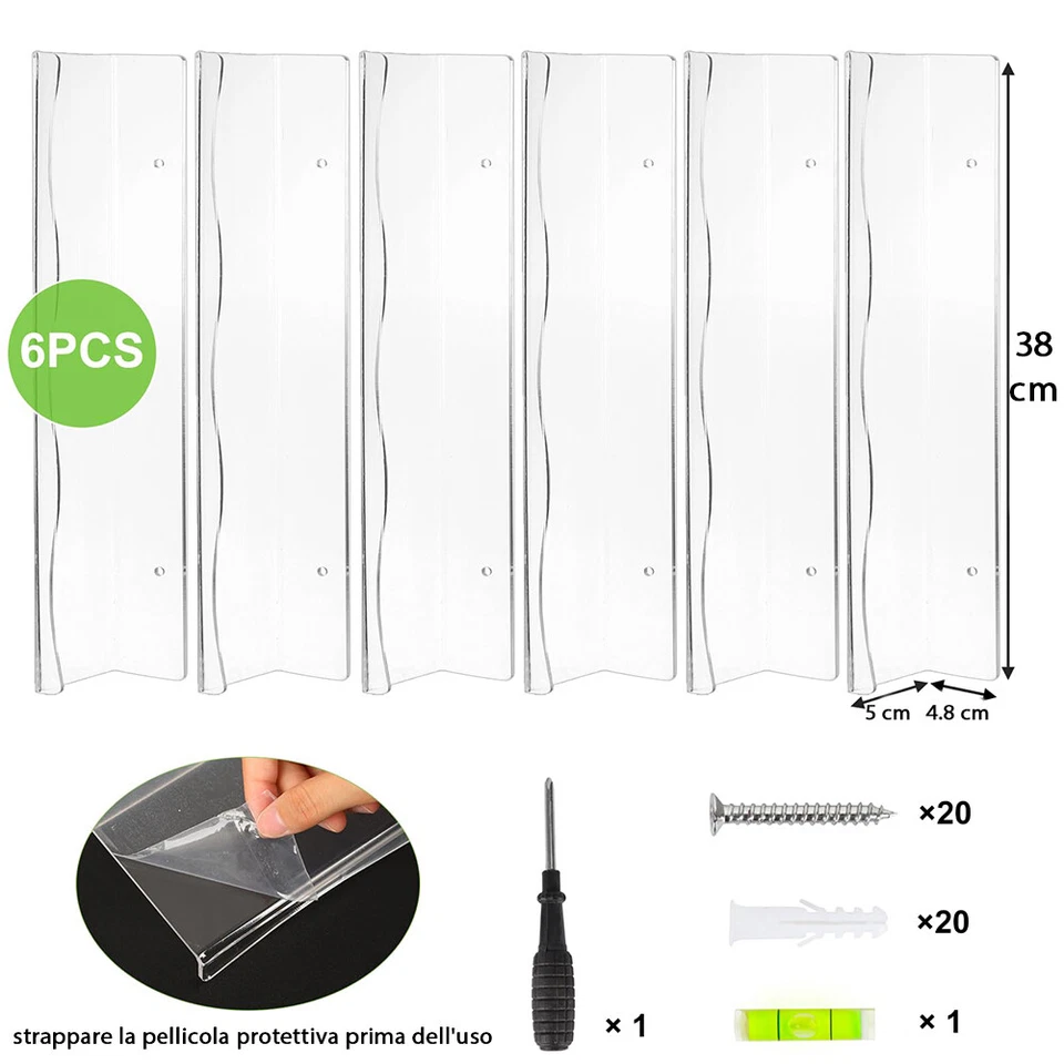 6 x Mensole Trasparenti da Parete Scaffali a Muro Organizer Multiuso 38x10x4,8cm - Immagine 2 di 4