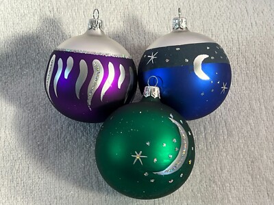 Christmas ornaments set of 3 glass diff color balls silver stars & moon MAX9225