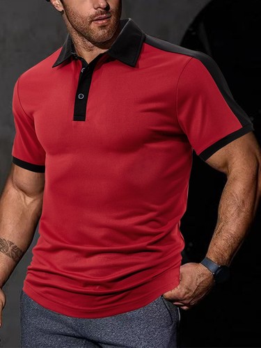 Splicing Men Shirt Short Sleeved Casual Loose Button Up Blocked Lapel Polo Shirt - Picture 7 of 10