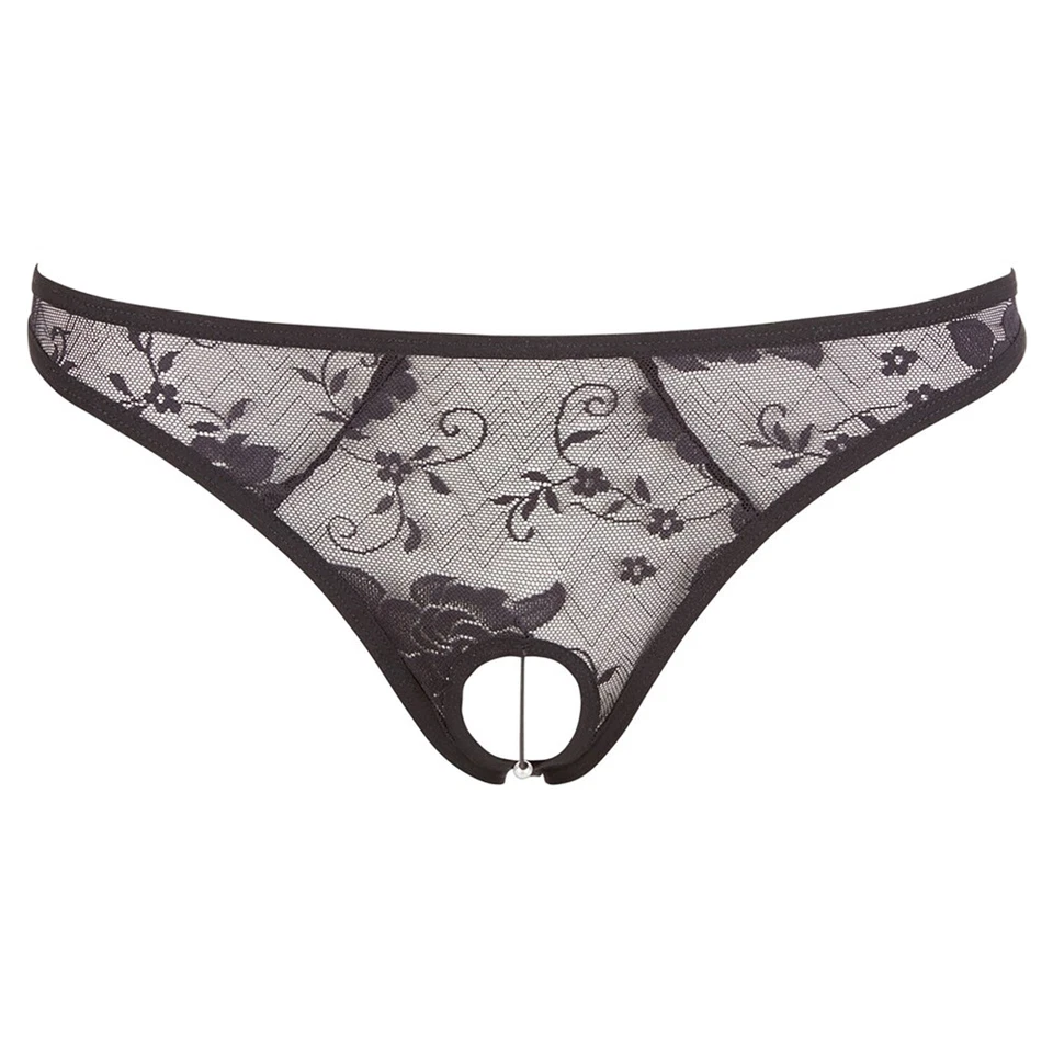 Geschlitztes Offen Tanga String mit Blumen Spitze und Perlen Schwarz - Bild 3 von 4