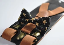 Gingerbread Black Xmas Christmas Bow tie bowtie + Tan Brown Elasitc Suspenders