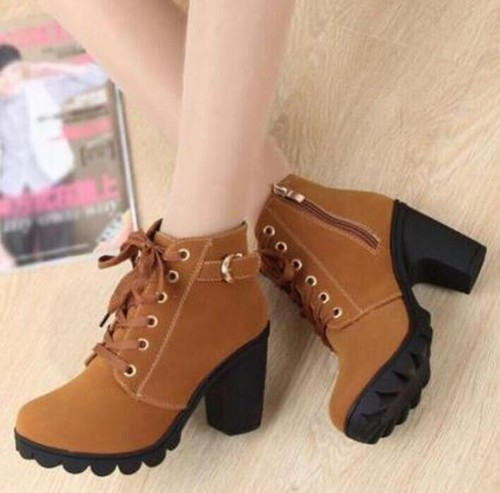 Womens Casual Chunky High Block Heel Boots Roune Toe Lace Up Platform Ankle Shoe - Picture 1 of 19