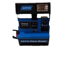 Polaroid Spirit 600 Instant Camera Blue Black 'Let's Talk Shop' Custom Label