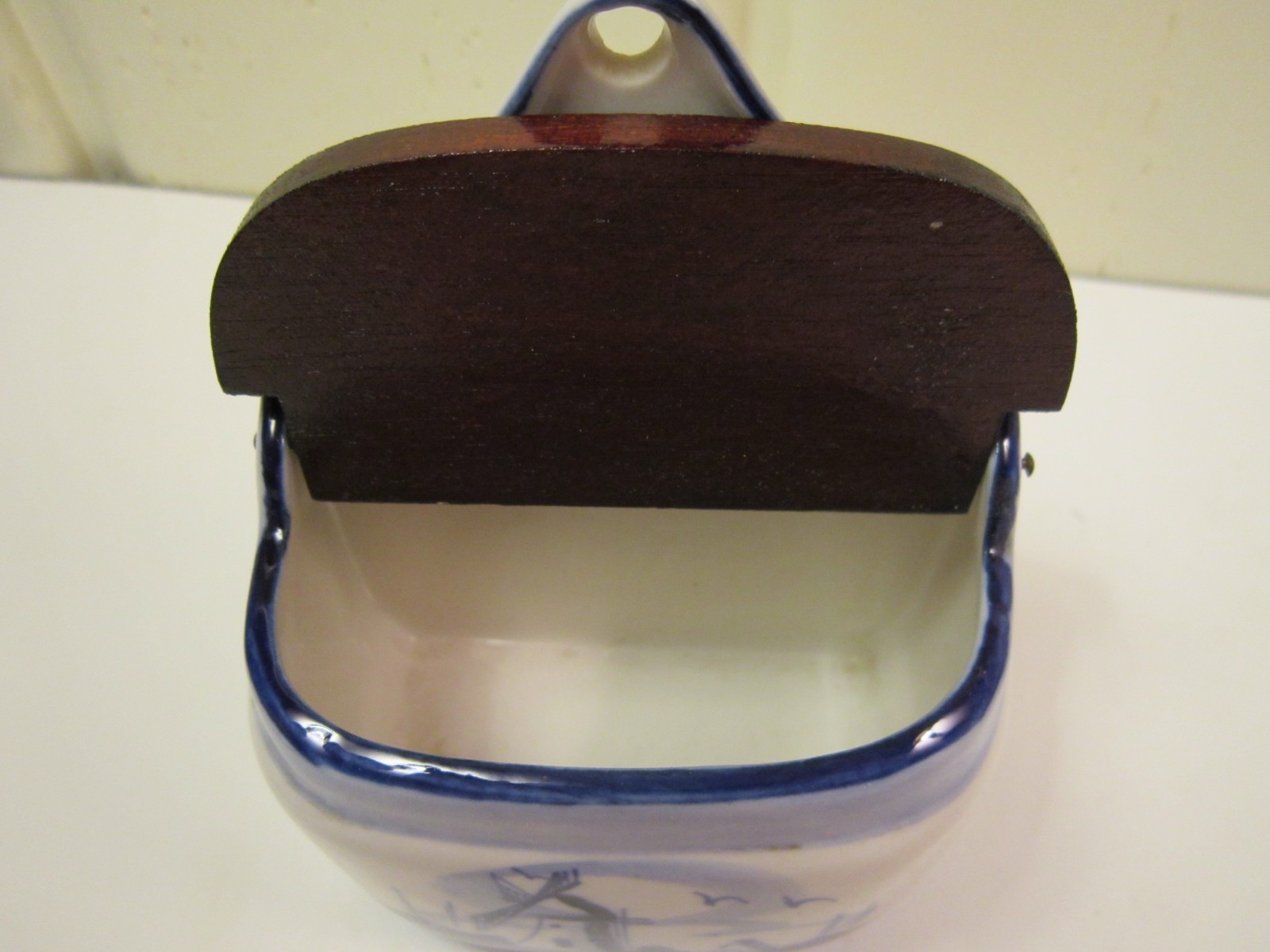 Salt Cellar, Royal Delft, Vintage, Used, Hand Painted, Wooden Lid, 4"x5"x3".