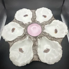 Oyster Plate 6-Well Haviland & CO H&C Limoges Pink White Brown Vintage Porcelain