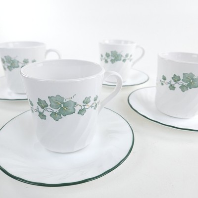 Corning Ware Corelle Callaway Ivy Pattern Swirl Set of  4Cups/Mugs & Saucers
