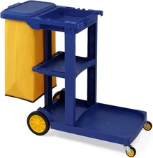 3-Shelf Janitorial Cart with Large 15-Gallon Vinyl Bag Housekeeping Cart Blue