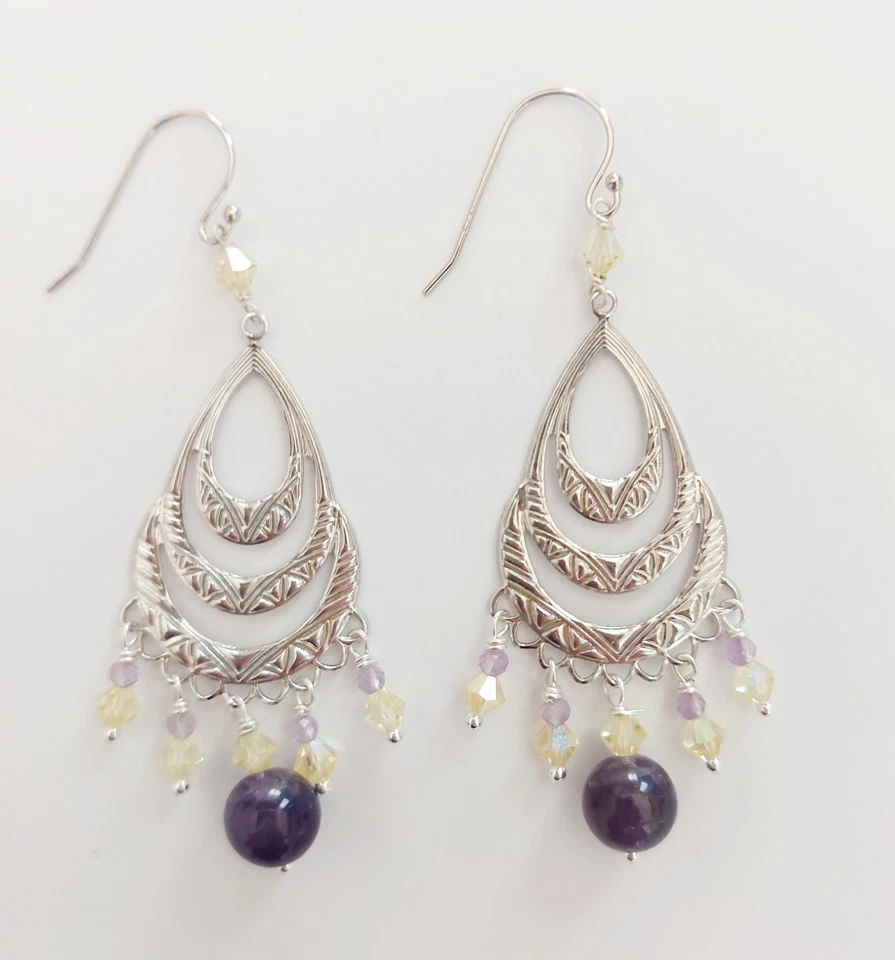 Orecchini in argento 925 con ametista naturale da 8 e 3 mm e cristalli gialli  - Immagine 4 di 4