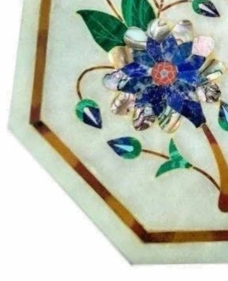 12" Marble Top Coffee Table Small Semi Precious Lapis Mop Inlay Stone Home Decor - Image 4 of 4