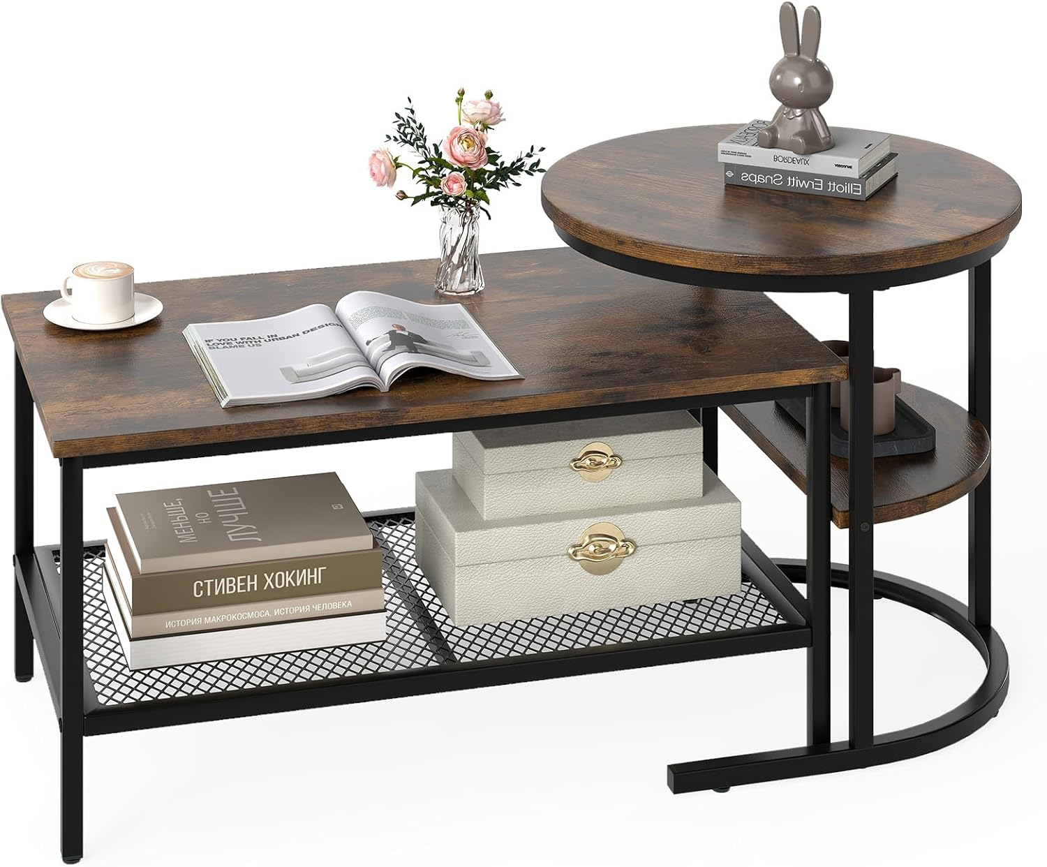 Nesting Coffee Table Set of 2 Rustic Brown Stacking Side End Table Storage Shelf