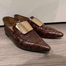 Aurora Alfonso Brown Leather Croc Loafers UK 5 EU 38 Gold Buckle Flats