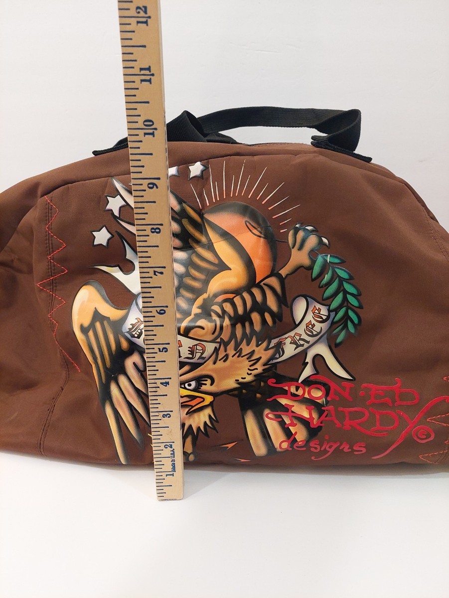 Ed Hardy Duffel Bag Brown Y2K Fashion Zip Handles 