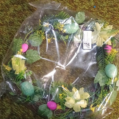 Artificial Easter Wreath with Flowers & Colored Eggs Green Yellow Pink