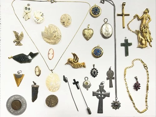 Vintage Costume Jewelry Pin Locket Pendant Grandma’s Draw MOP Cameo Cross Lot