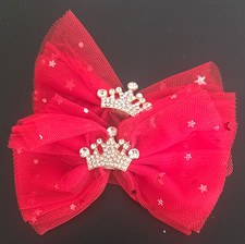 Girls Red Tulle Bow Hair Clips w/ Rhinestone Crown Accent, Princess Party 2 