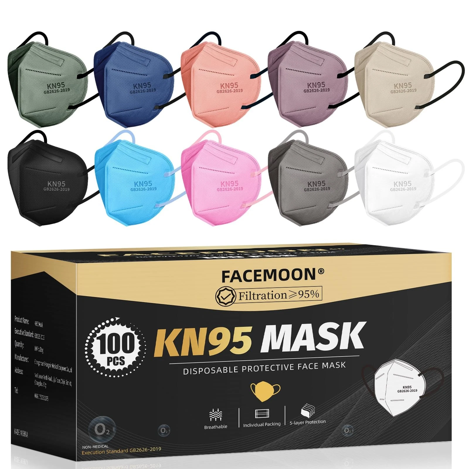 KN95 Face Masks - 100 Pack 5-Layer Breathable Safety Masks 10 Colors
Opens in a new window or tab