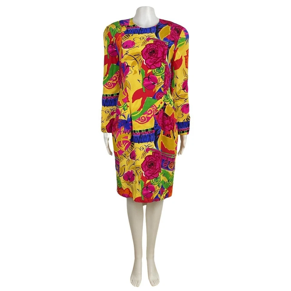 Vestido de seda colorido vintage talla mediana años 90 abstracto estampado mixto vaina vestido Foto 3 de 4