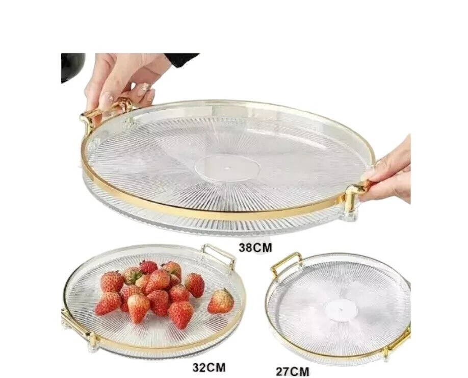 3pcs Gold Acrylic Round Serving Tray Set Handles Elegant Trays Multiple Sizes - Image 2 of 3
