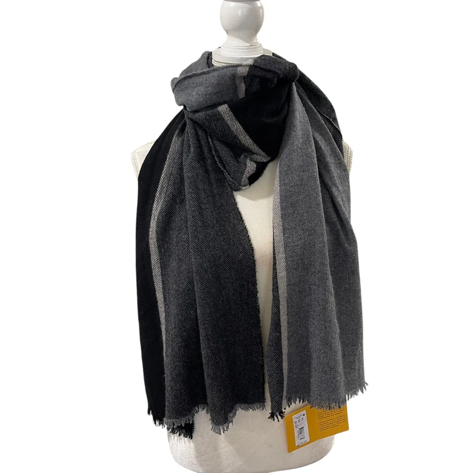 Bufanda Hickey Freeman negra/gris a rayas centrales doble cara 100 % cachemir $125 nueva con etiquetas Foto 3 de 4