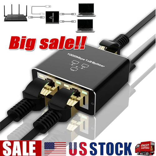 RJ45 Gigabit Ethernet Splitter 1000Mbps LAN Network Internet 1 to 2 Out Adapter