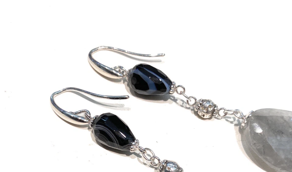 Orecchini quarzo grigio gocce onice pietra lavica argento sterling  - Immagine 3 di 4