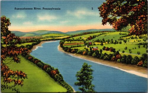 PA Susquehanna River Birdseye View Rolling Hills Farm House c40's Linen Postcard - 第 1/2 張圖片