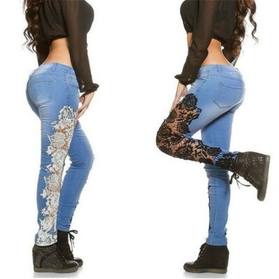Women Skinny Jeans Denim Pants Trouser Floral Lace Hollow Out Crochet Casual Hot