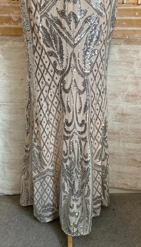 NEW Dress 12 Blush Silver Sequin Quiz Bardot Fishtail Ballgown Evening Stretch - Picture 6 of 9