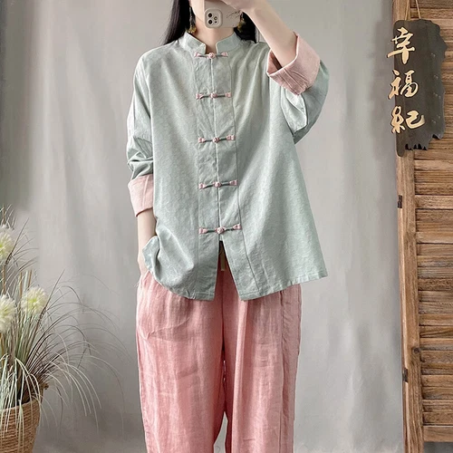 Chinese Style Cotton Linen Loose Shirt Tops Button Womens Casual Loose Blouses - Bild 5 von 11