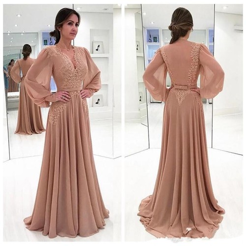 Elegantes Kleid für Brautmutter Chiffon Langarm V-Ausschnitt Spitze Applikationen Kleid - Bild 3 von 11