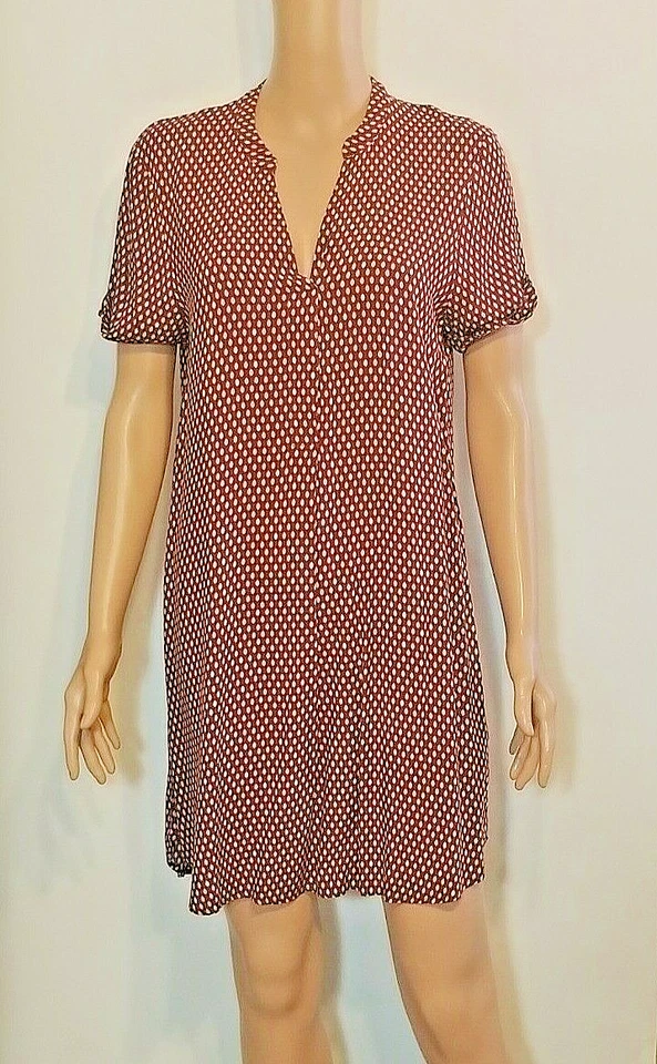 H&M Burgundy & White Pattern Short Sleeves V-neckline Relaxed Fit Peasant Dress - Image 2 of 4