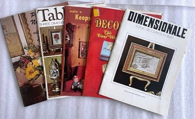 LOT OF 5 VINTAGE HOBBY/CRAFT BOOKLETS ~ DECOUPAGE ~ 3-D GLASS ~ KEEPSAKE HUTCH