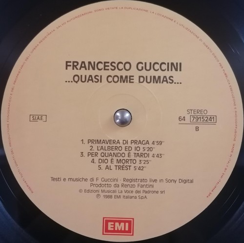 FRANCESCO GUCCINI : ...QUASI COME DUMAS... - 1988 ITA LP - Foto 4 di 4